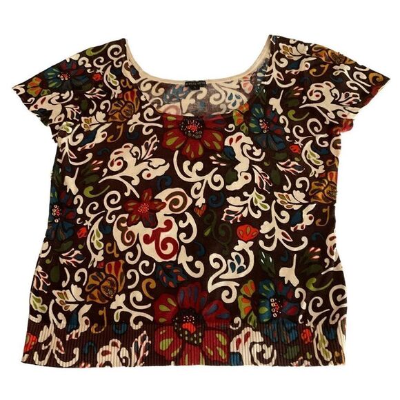 Lafayette 148 New York Blouse T-shirt Sequined Beaded Floral Tan Brown Red Large - Picture 5 of 11